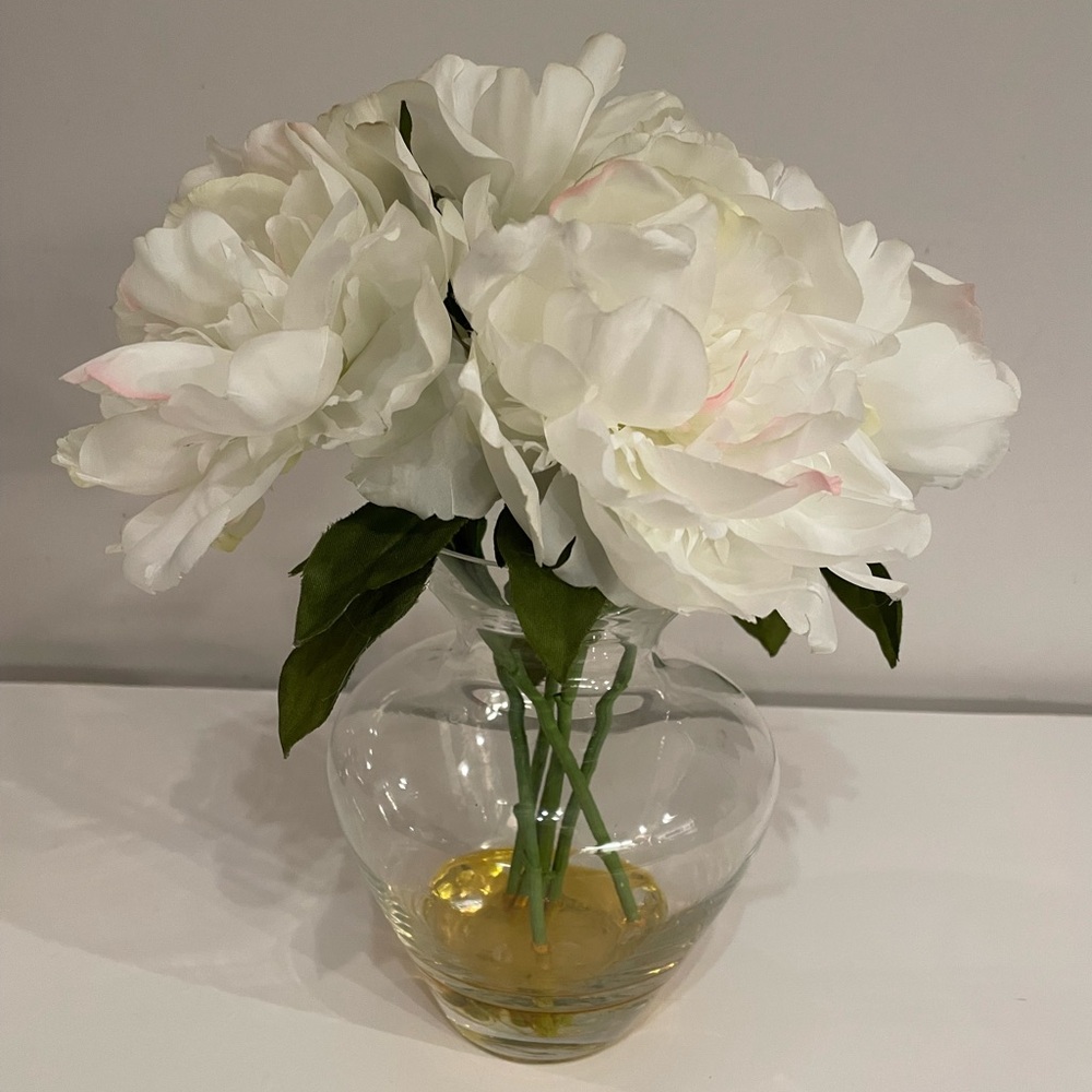 White Faux Peony Bouquet in Glass Vase - Home Accents